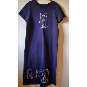 Vtg Kitty Cat Maxi Dress Size M/L Navy Blue Heavy Cotton Short Sleeve EUC